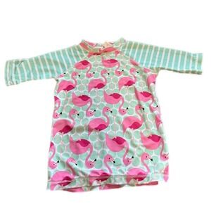 Ruffle Girl Rash Guard Kids Size 10 Pink Flamingo Mint Green Striped Excellent